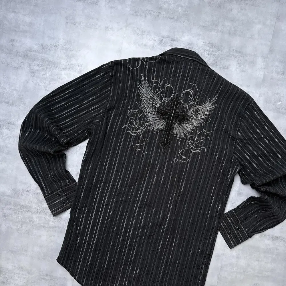Y2K Lamasini Cross Embroidered 00s Button Up Shirt - Picture 4 of 7